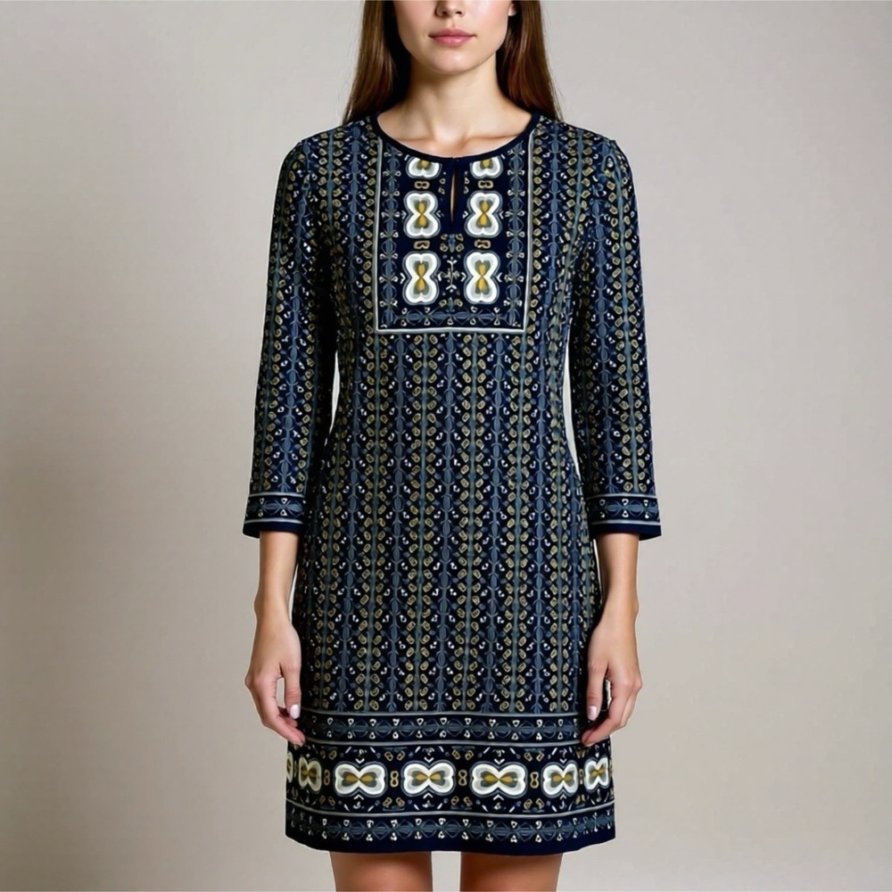 Max Studio Dress 3/4 Sleeve Floral Navy Blue Size Medium Stretchy Casual Key Hol